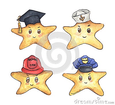 Different professions hats collection and yellow star. Watercolor illustration. Uniform headgear items Cartoon Illustration