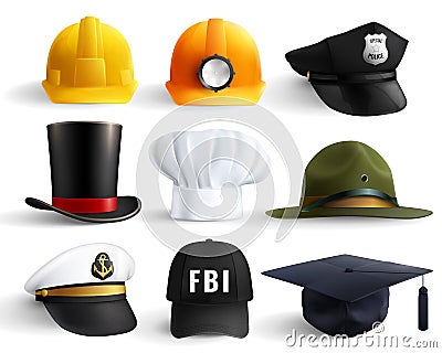 Different Professions Hats Set Vector Illustration