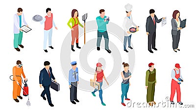 Different professions. Isometric professionals vector collection. 3D people doctor policeman businessman builder Vector Illustration