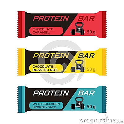 Different protein bars, sport collagen supplement in flat style. Vector Illustration