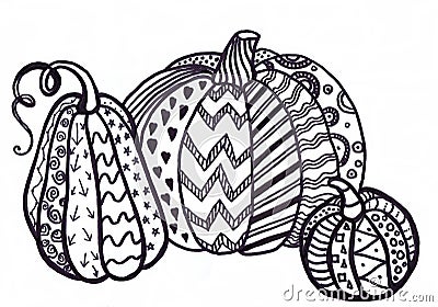 Different pumpkins on white background. Children`s drawing, graphics Stock Photo