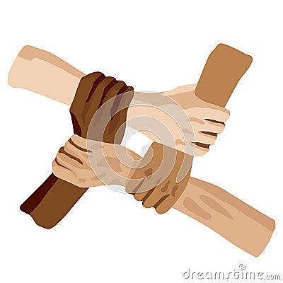 Different races of People holding hands together. top view of hands of different skin colors Vector Illustration