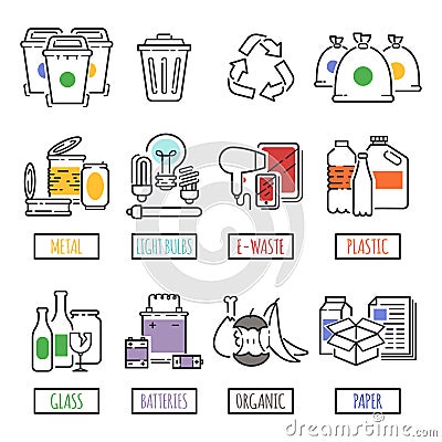 Different recycling garbage waste types sorting processing, treatment remaking trash utilize icons vector illustration. Vector Illustration