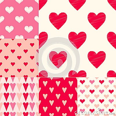 Different red pink color combinations of heart symbols textured vector pattern Vector Illustration