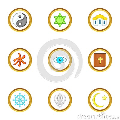 Different religion icons set, cartoon style Vector Illustration