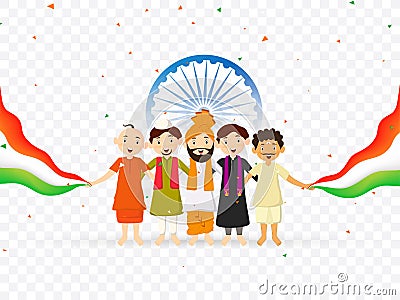 Different religion people showing unity in diversity of india and holding national flag on png background for Indian Republic Day Stock Photo