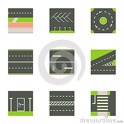 Different road way icons set, cartoon style Vector Illustration