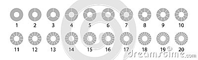 Different round graphic Pie charts gray set. Vector round 20 section. Segmented circles set isolated on a white Vector Illustration