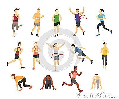 Different running athlets sport people runner group with kit elements silhouette character design let s run concept Vector Illustration