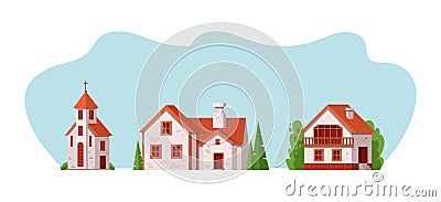 Different rural buildings. Rural landscape building of bricks and wooden architectural construction for living or manufacturing. Vector Illustration