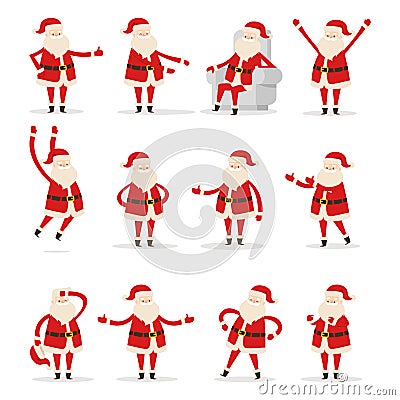 Different Santa s Movements on White Background Vector Illustration