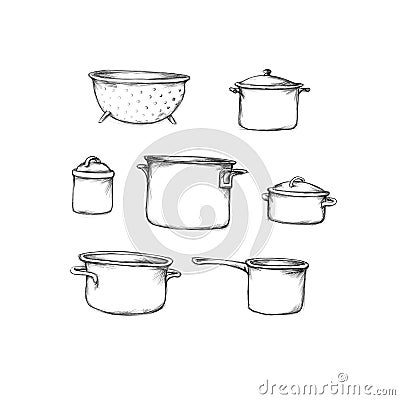 Different saucepans on a white background Stock Photo