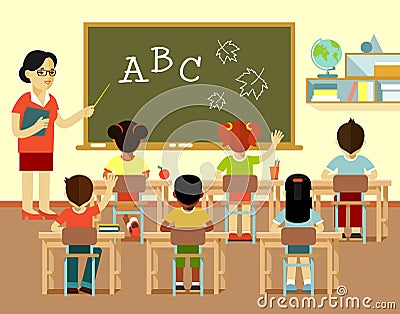 Different school children and teacher at class lesson in flat style Vector Illustration