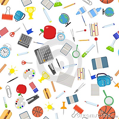 Different school objects in good seamless pattern. Flat vector illustration background. Vector Illustration