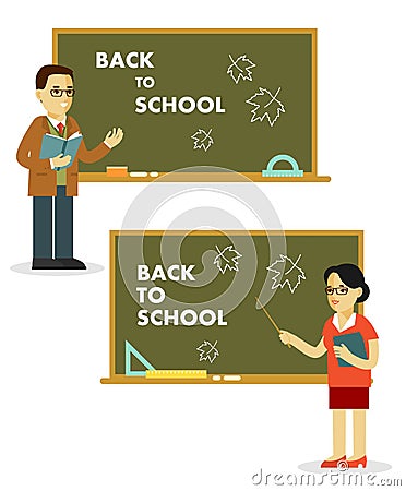 Different school teachers near blackboard in flat style Vector Illustration