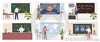 Different school teachers. Professional lecturers characters, physicist and biologist, geographer and astronomer teach Vector Illustration