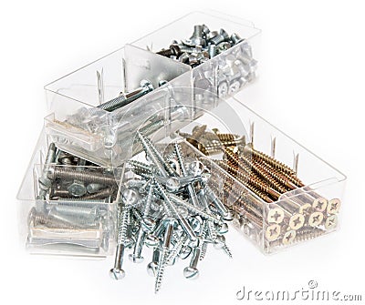 Different Screws sorted in boxes Stock Photo