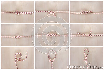 Different sea boat knots on wooden background Stock Photo