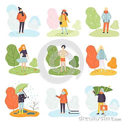 Different Seasons Set, Winter, Spring, Summer and Autumn, People in Seasonal Clothes in Nature Vector Illustration Vector Illustration