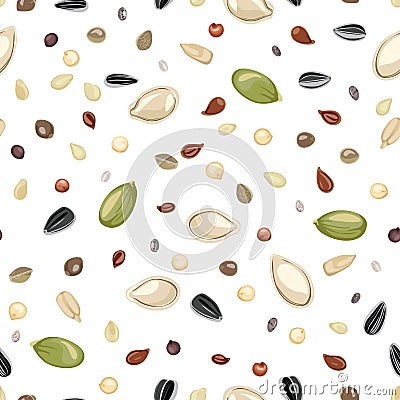 Different seeds on a white background seamless pattern. Vector illustration of Sunflower, pumpkin, sesame, flaxseed, quinoa and he Vector Illustration