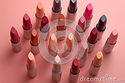 Different shaded lipsticks on pink background Stock Photo