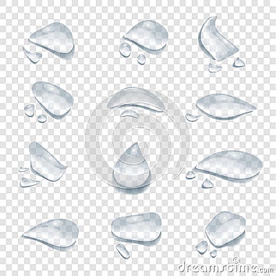 Different shape of waterdrops vector isolated on transparency background. Glass bubble drop condensation surface, element design c Stock Photo