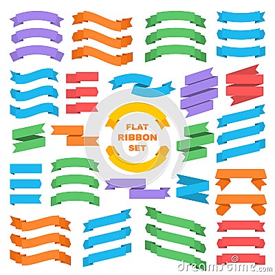 Different shapes of flat decorative ribbon banners isolated on white vector set Vector Illustration