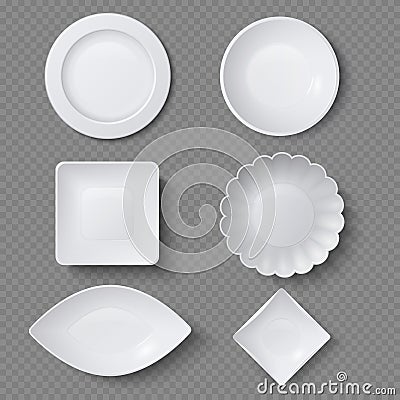 Different shapes of realistic food plates, dishes and bowls vector set Vector Illustration