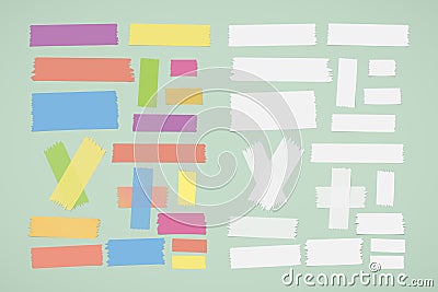 Different size colorful and white sticky paper, adhesive, masking tape stuck on green background Vector Illustration