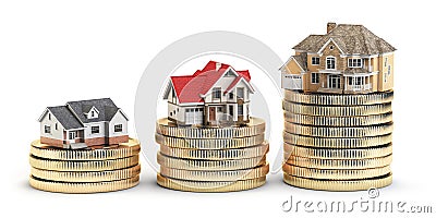 Different size houses vith different value on stacks of coins. C Cartoon Illustration