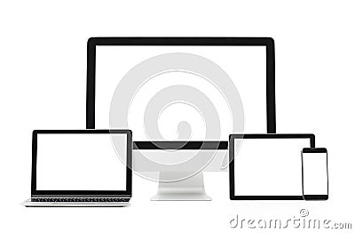 Different size screens on different devices, mockup for adaptive design samples. Stock Photo