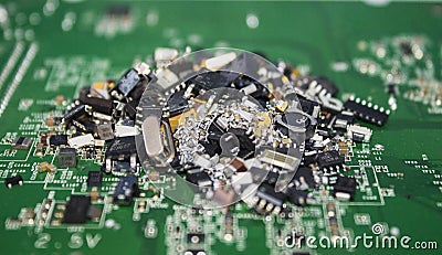 Different size SMT components pile on a PCB. Stock Photo