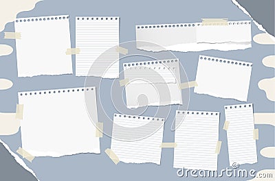 Different size stacked white note, notebook, copybook sheets stuck with sticky tape on blue abstract background and grey Vector Illustration