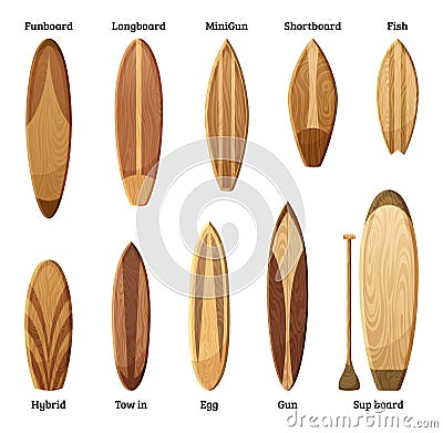 Different sizes and designs of wood surfboards isolate on white background. Vector illustration Vector Illustration