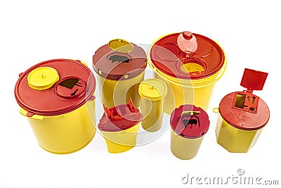 Different sizes of Medical waste bins 1.3, 2, 3, 5 liter. Yellow biohazard medical contaminated and sharp clinical waste Stock Photo