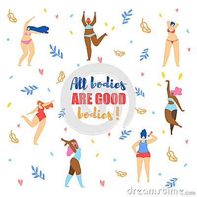 Different Sizes and Types Women in Bikini Dancing Vector Illustration