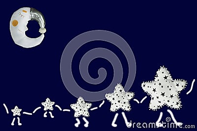 Different sizes white stars family hold hands and walking under sleeping moon on navy blue background Stock Photo