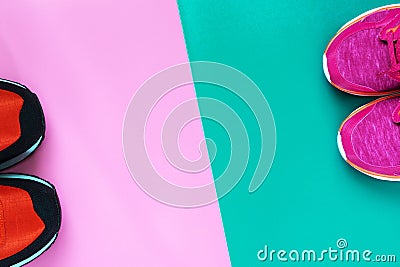 different sneakers, colored surface. sport shoes on colorful background Stock Photo