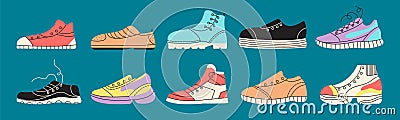 Different sneakers and gumshoes doodle icons. Shoes hand drawn style elements. Flat various trendy sports boots. Decent Vector Illustration