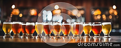 Different sorts of beer on bar table. Stock Photo