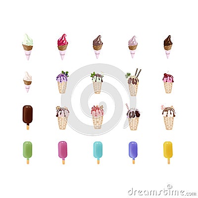 Set of colorful Ice Cream in a waffles cones. Isolated on white background Vector Illustration