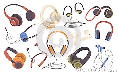 Different sound headphones, earphones, earbuds music accessories with wire and wireless set Vector Illustration