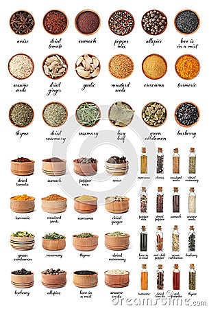 Different spices and herbs on white background. Stock Photo