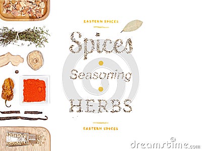 Different spices and herbs on white background. top view Stock Photo