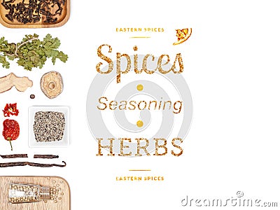 Different spices and herbs on white background. top view Stock Photo