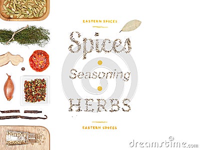 Different spices and herbs on white background. top view Stock Photo