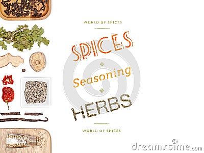 Different spices and herbs on white background. top view Stock Photo