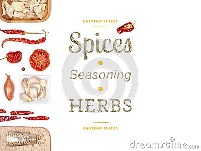 Different spices and herbs on white background. top view Stock Photo