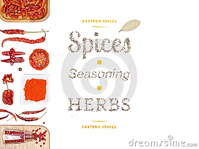 Different spices and herbs on white background. top view Stock Photo