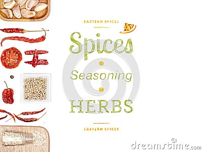 Different spices and herbs on white background. top view Stock Photo